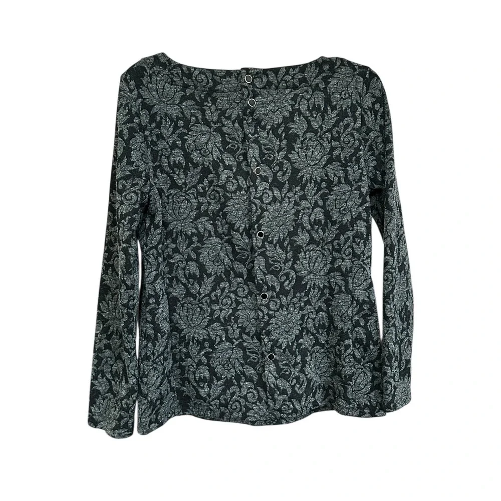 Talbots Black Gray Floral Print Boat Neck Button Back Knit Top Size M Corpcore - Picture 3 of 6